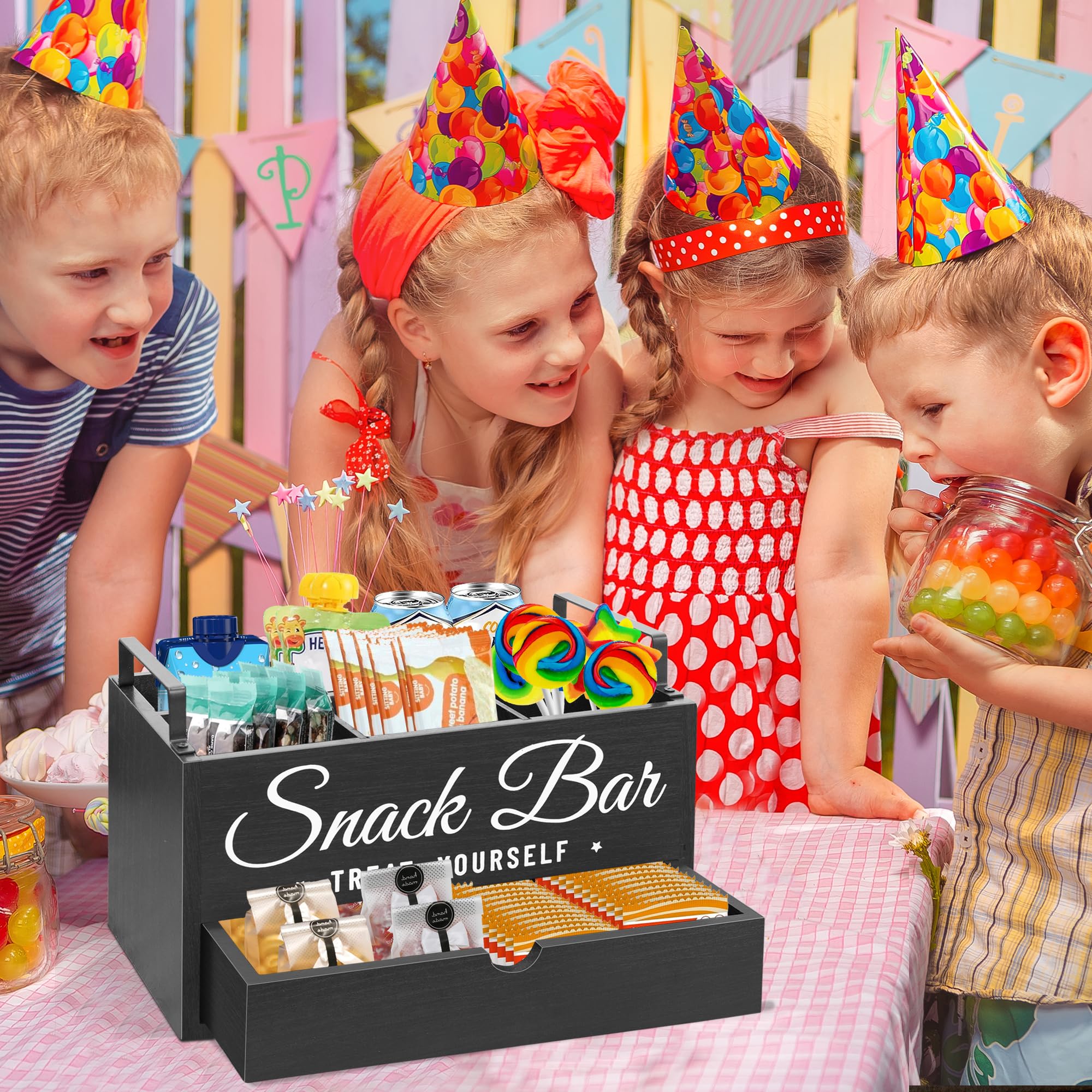 Unistyle snack organizer back compartment fits drinks and larger items.