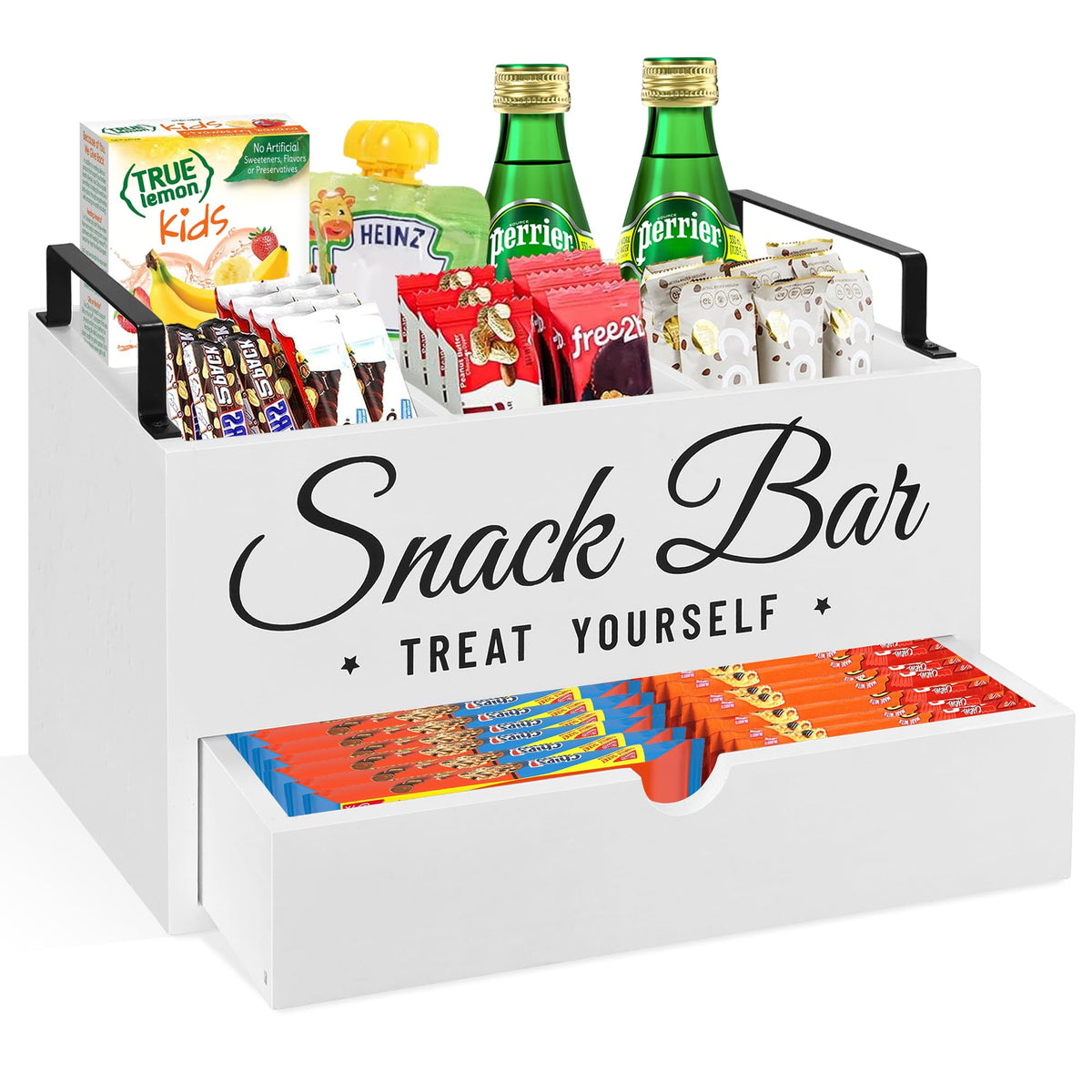 Unistyle snack organizer on countertop with four compartments for easy access to snacks.