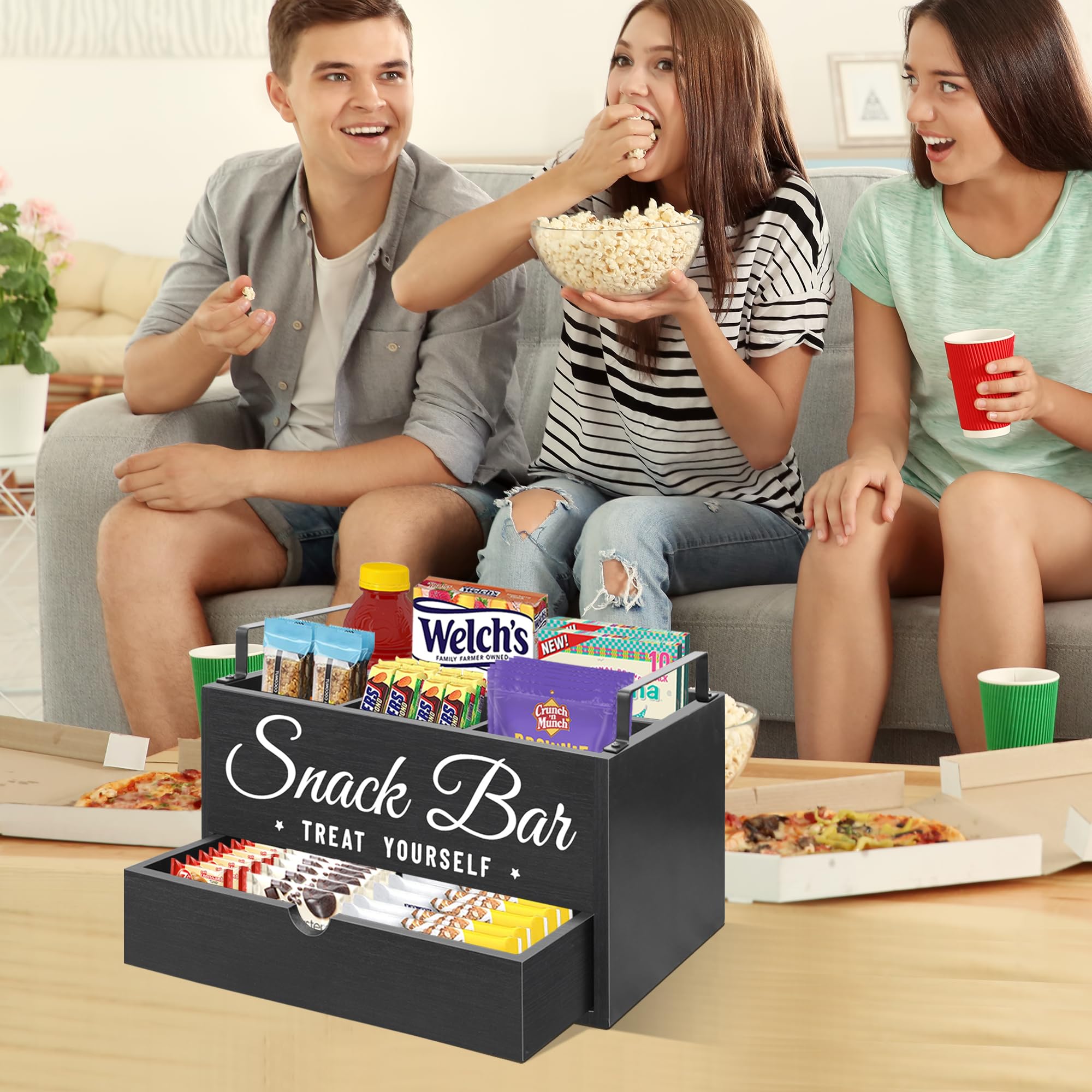 Unistyle snack organizer drawer open for easy access to small items.
