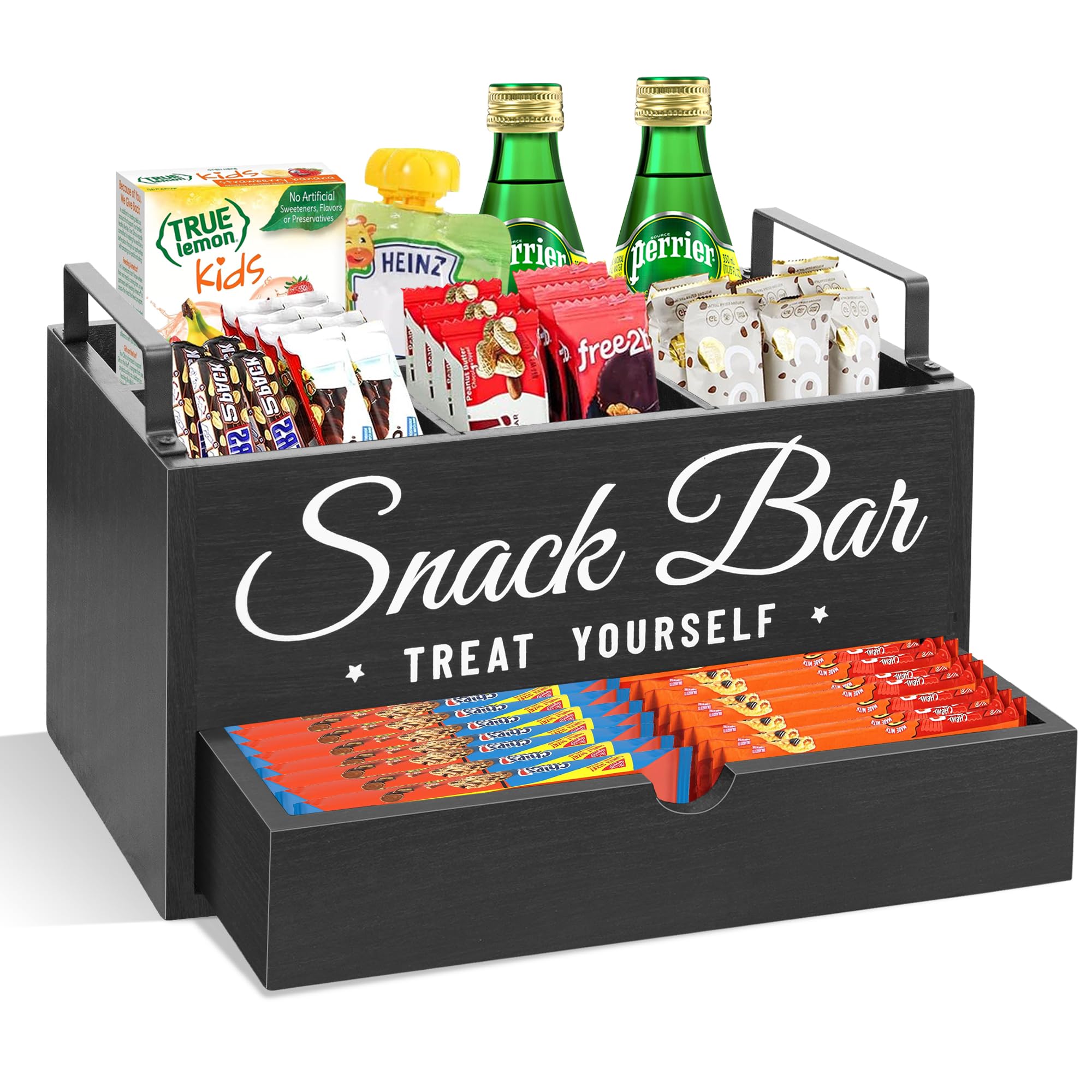 Unistyle snack organizer front view with three accessible compartments for quick snacks.