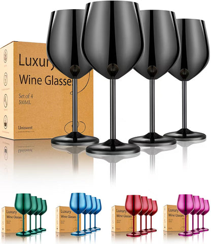 UNISWEET mirror-black wine glasses in packaging highlighting gift-ready elegance and durability