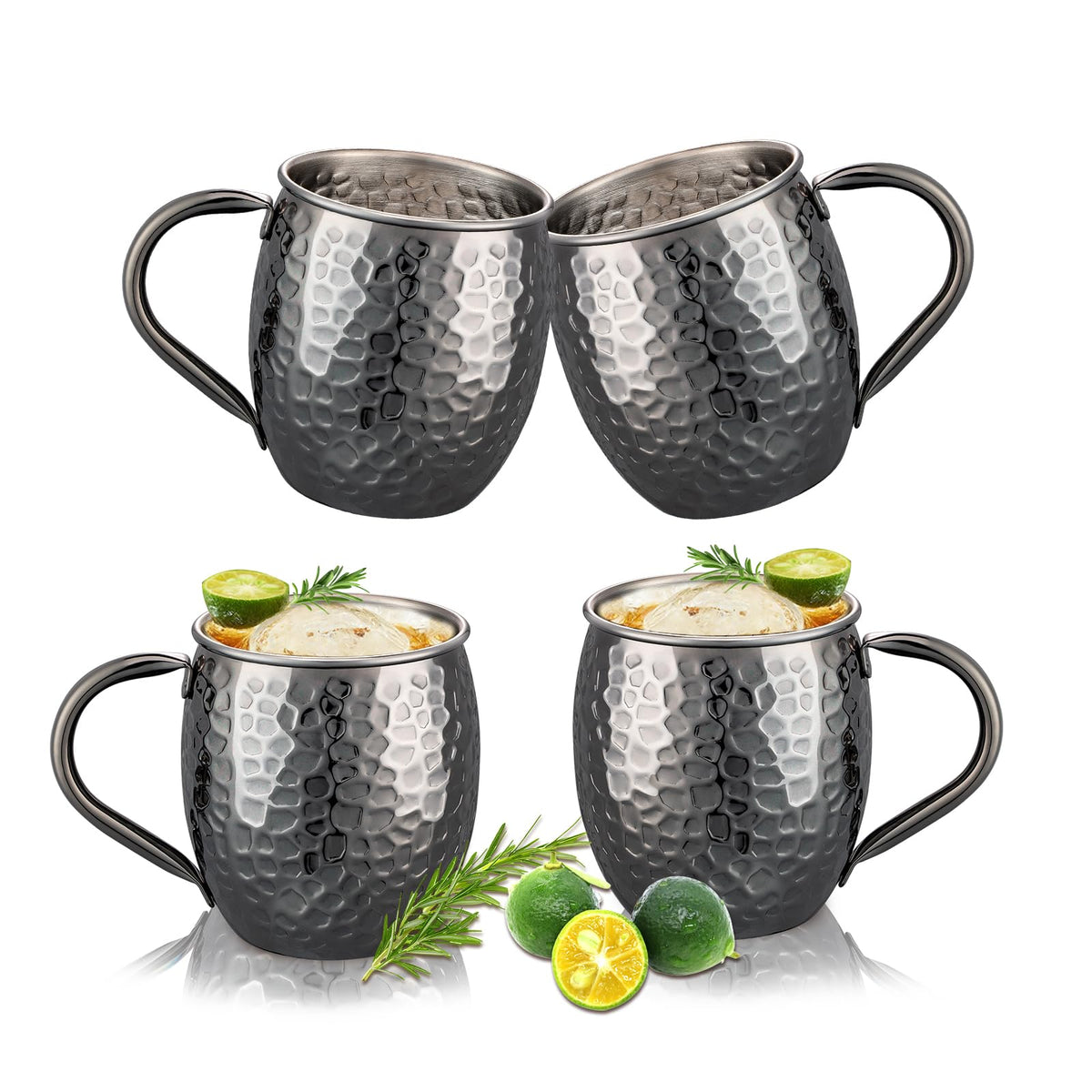 UNISWEET Moscow Mule Mugs set of four in black copper, front view, durable hand-hammered finish ideal for entertaining