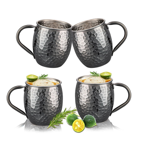 UNISWEET Moscow Mule Mugs set of four in black copper, front view, durable hand-hammered finish ideal for entertaining