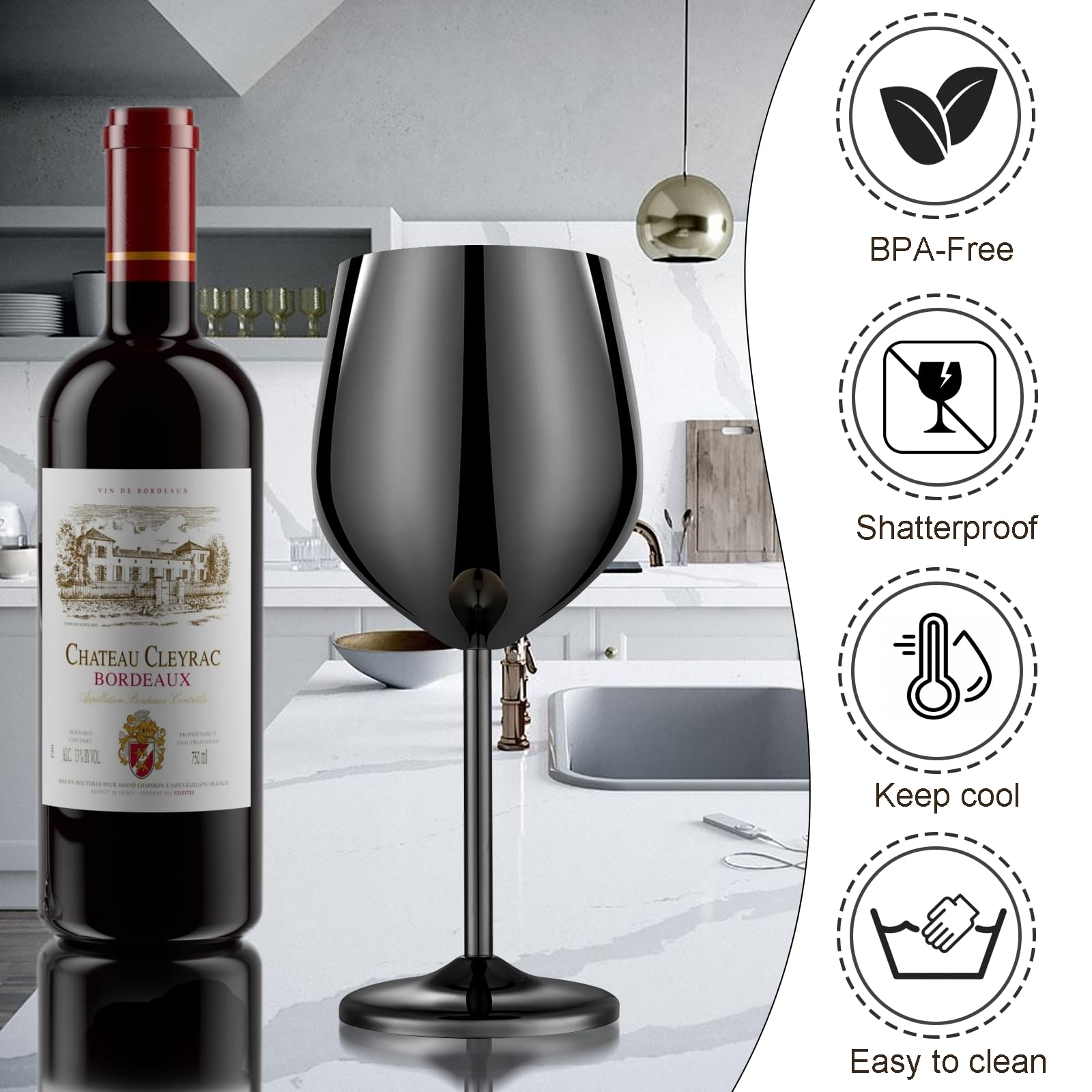 Premium polished mirror-black finish on UNISWEET wine glasses for outdoor occasions