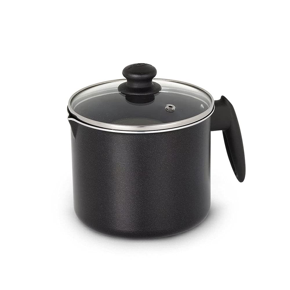 Universal 51 oz non-stick milk pitcher with glass lid for precise heating.