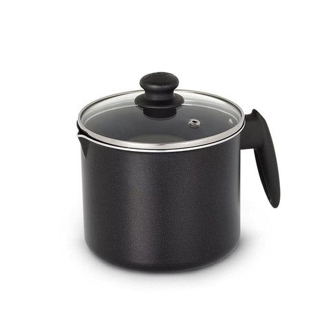 Universal 51 oz non-stick milk pitcher with glass lid for precise heating.