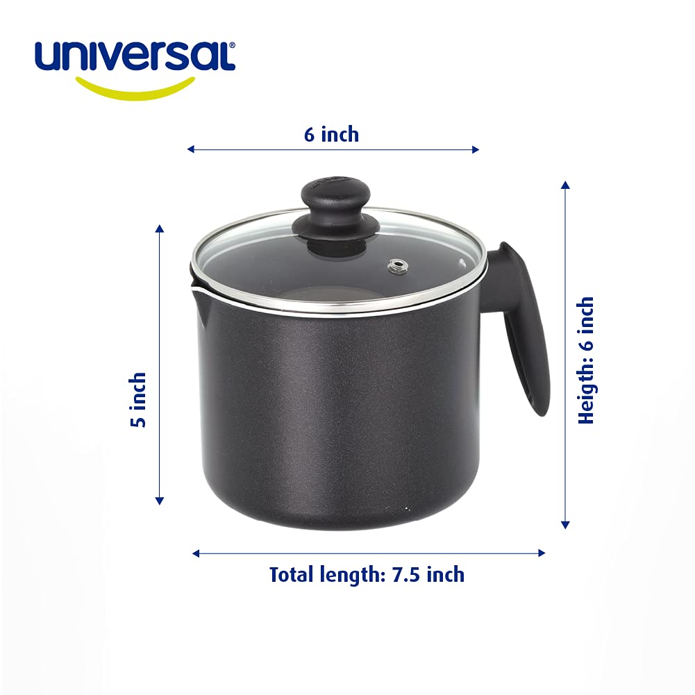 Tempered glass lid with steam vent helps monitor contents.