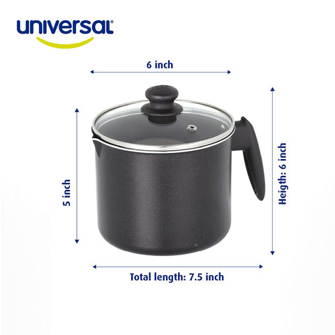 Tempered glass lid with steam vent helps monitor contents.