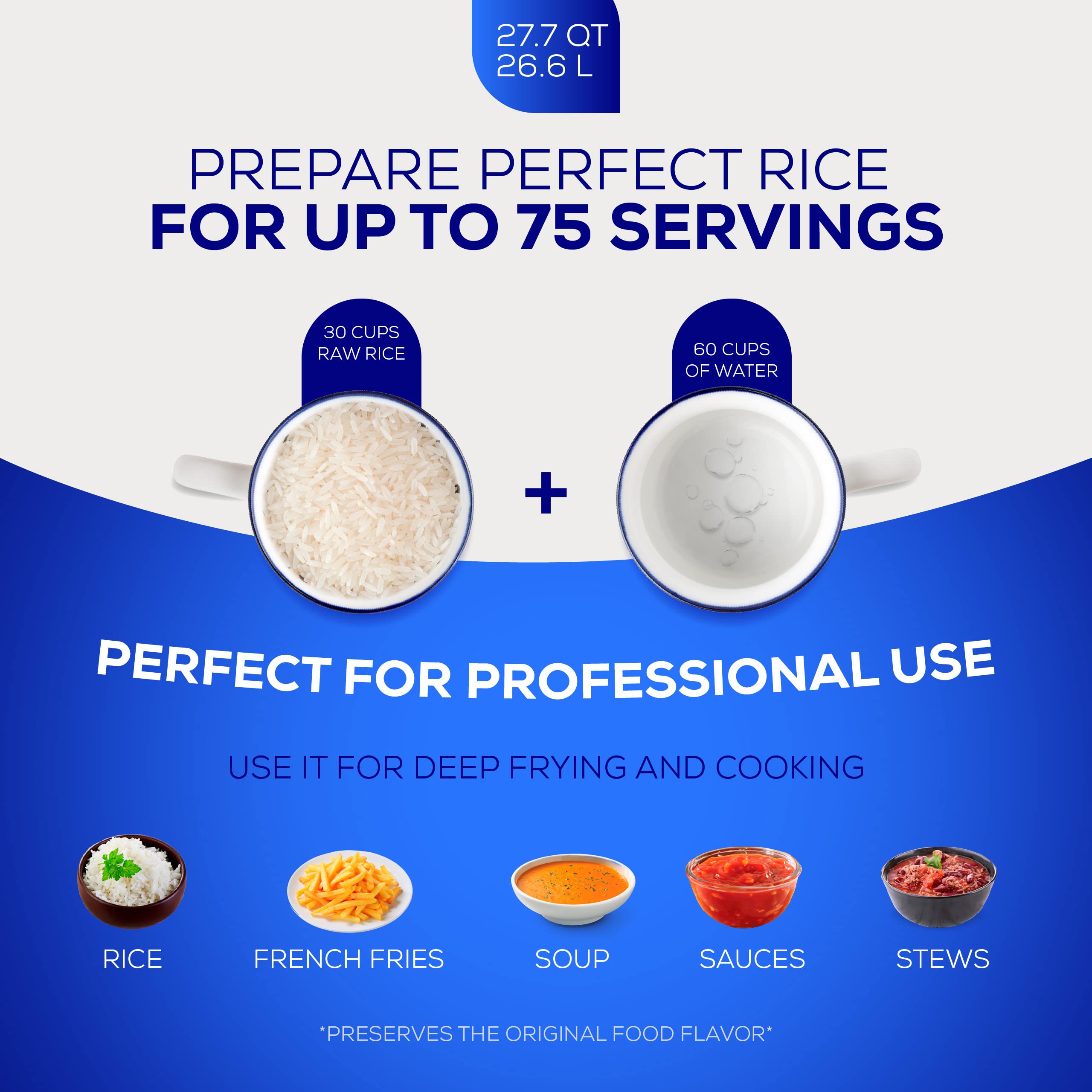 Universal Caldero 75-cups ideal for large rice batches and steaming.