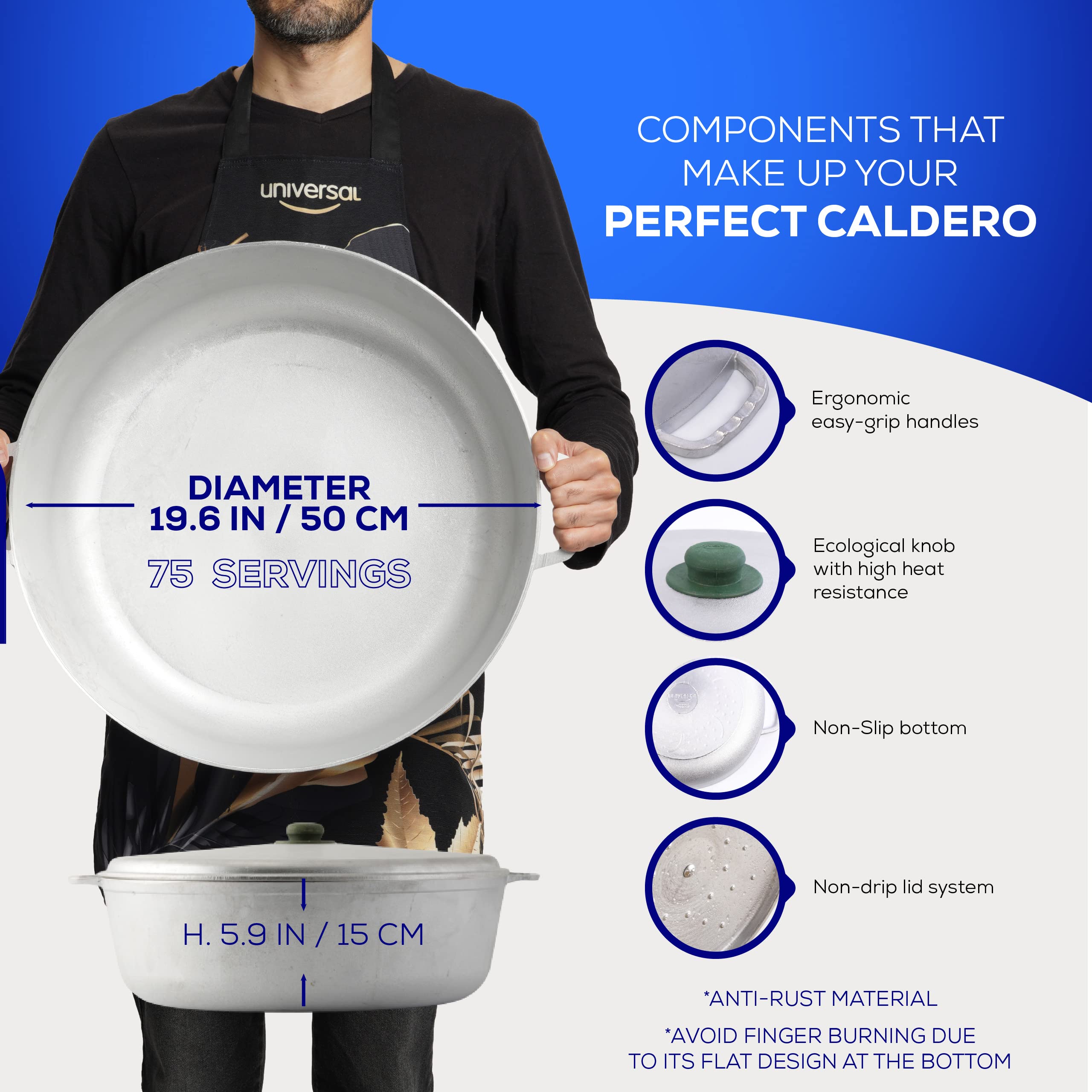 Universal Caldero 75-cups stainless aluminum provides even heat distribution.