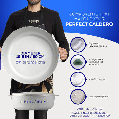 Universal Caldero 75-cups stainless aluminum provides even heat distribution.