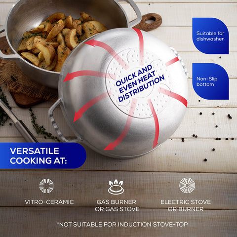 Universal Caldero deep-fryer use enables crispy fries and fried seafood.