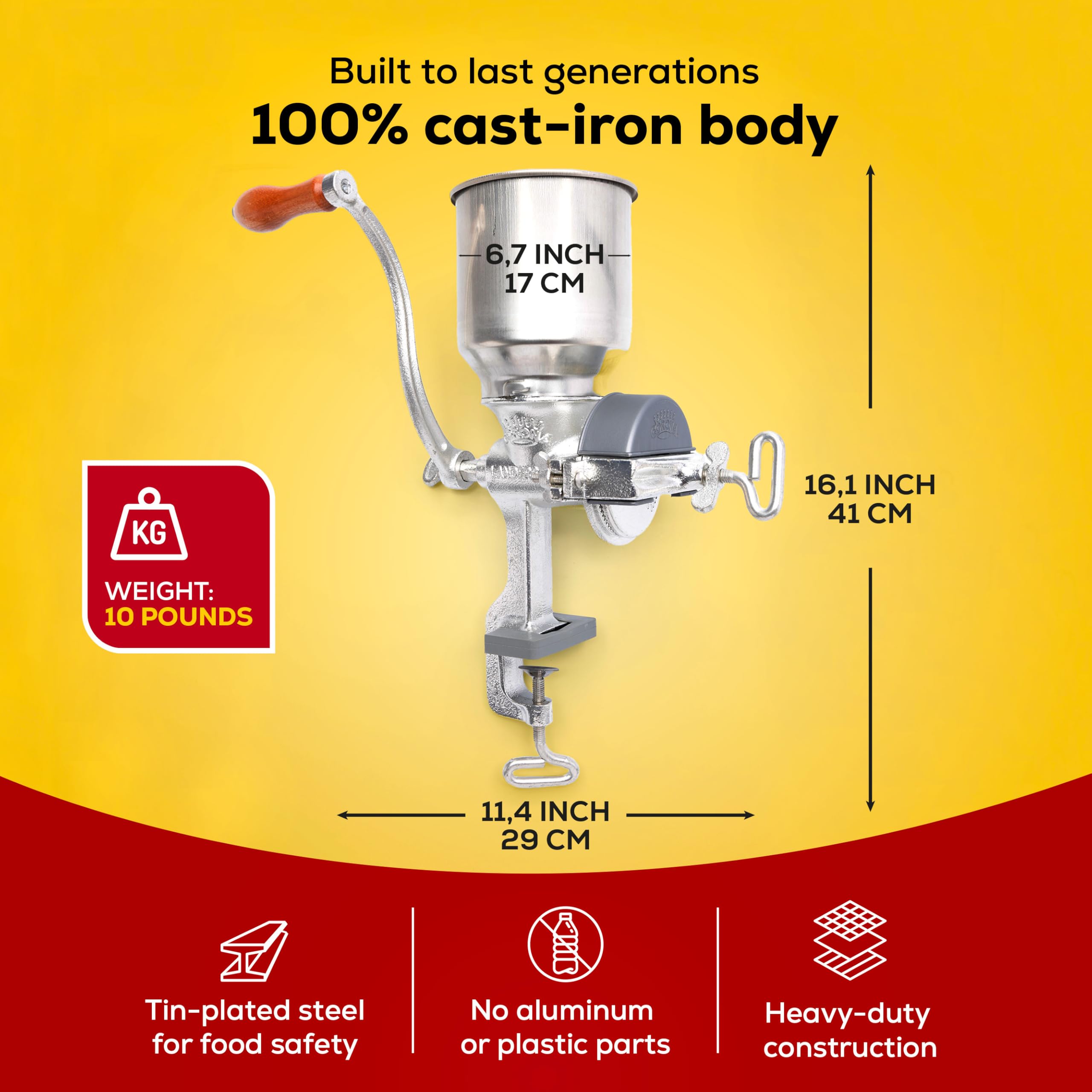 Universal Corona cast-iron body offers durable, long-lasting use.