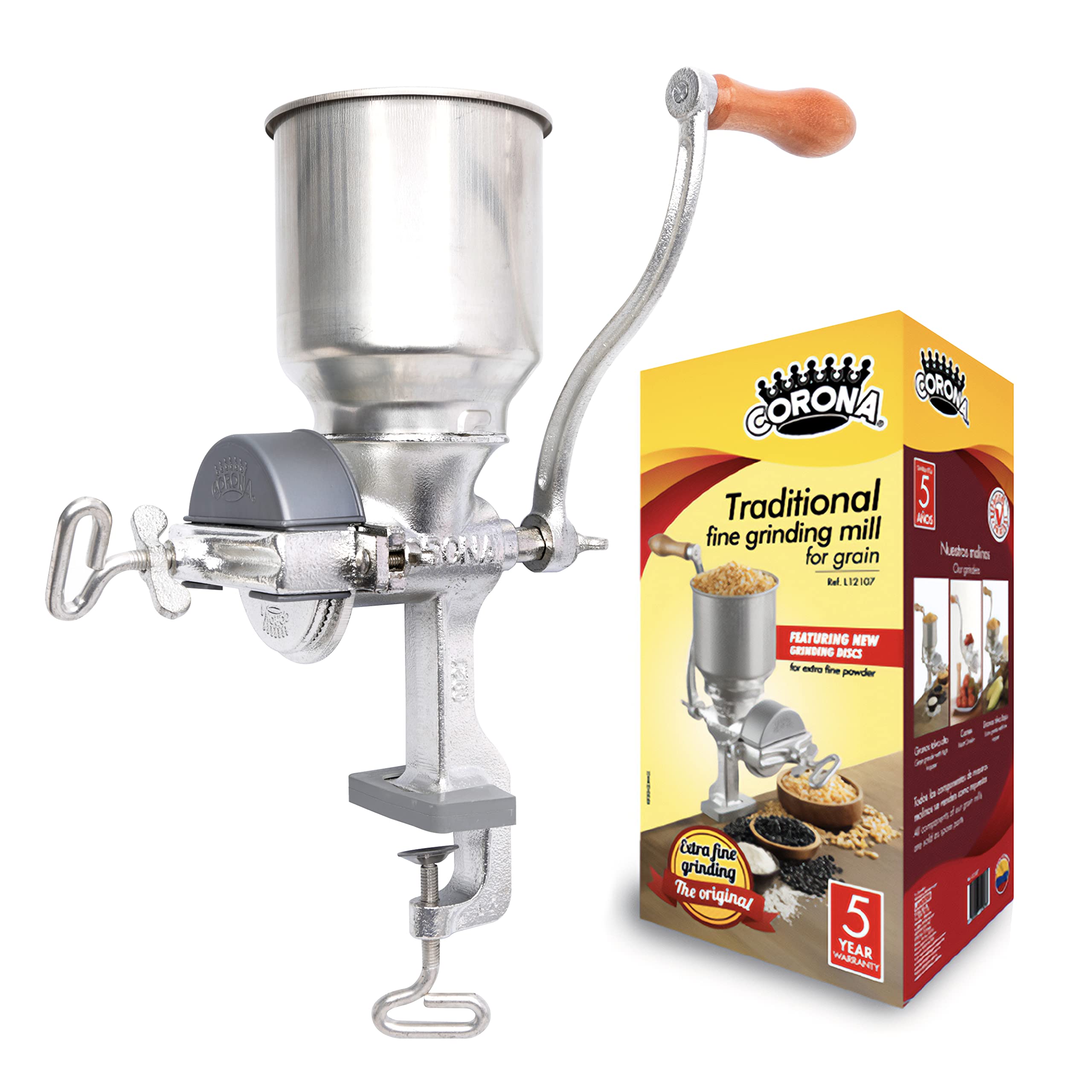 Universal Corona grinder handles corn, wheat, and beans for versatile meals.