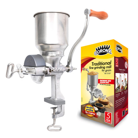 Universal Corona grinder handles corn, wheat, and beans for versatile meals.