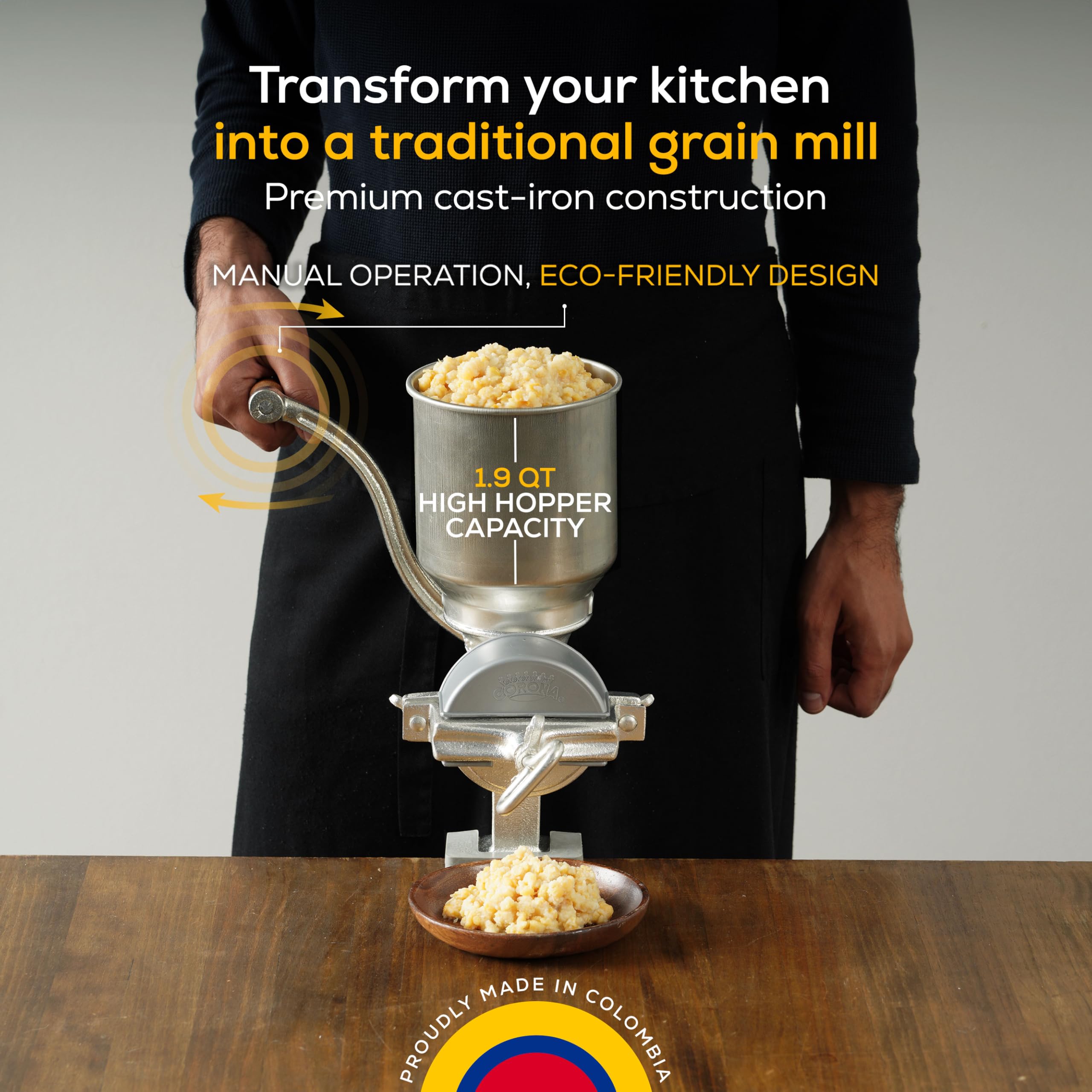 Universal Corona manual crank for precise, quiet operation.