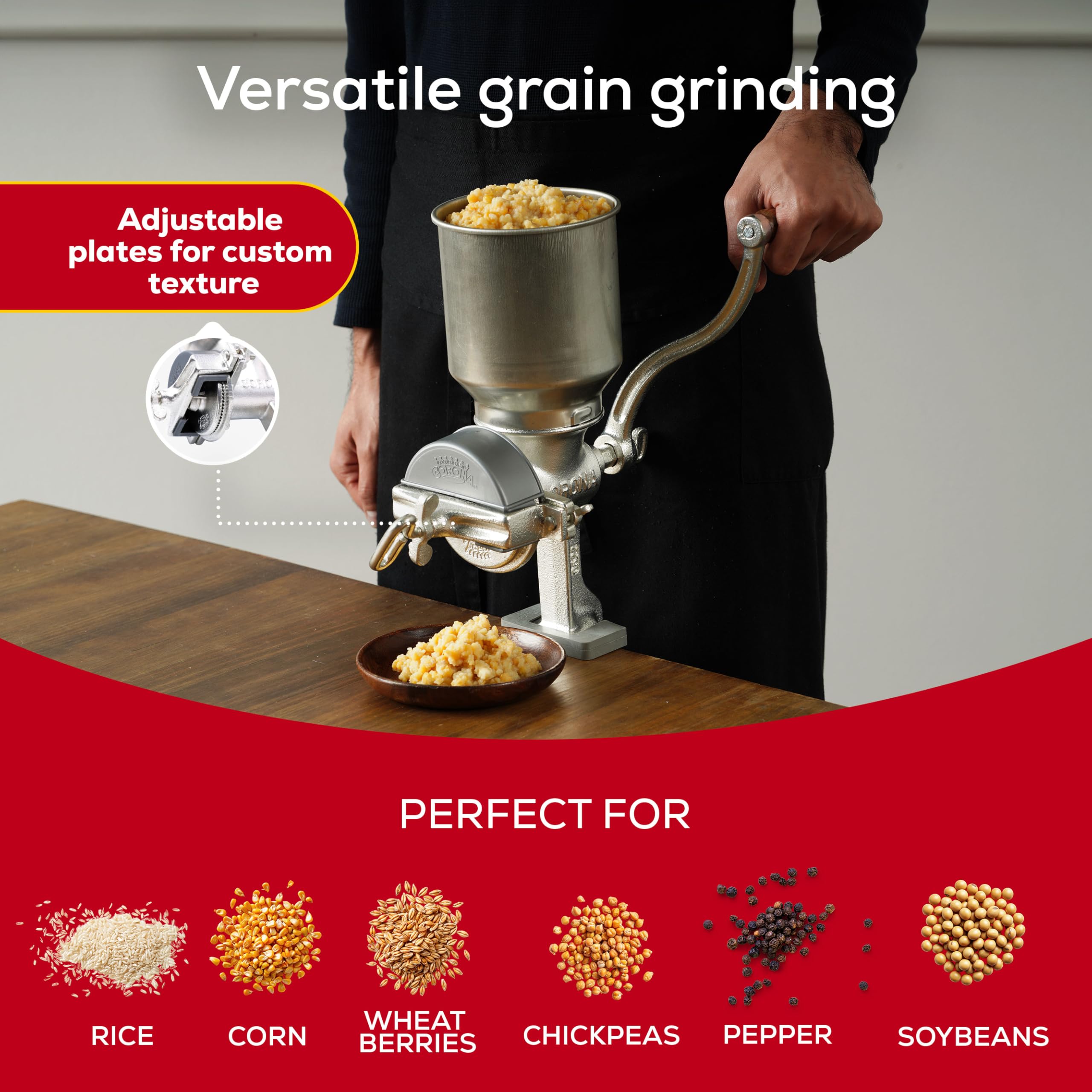 Universal Corona mounting bracket keeps grinder stable on countertop.