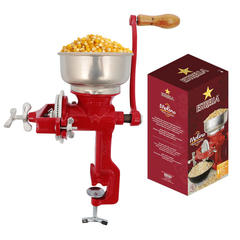 Universal Estrella cast iron grinder front view for durable, hands-on corn grinding at home