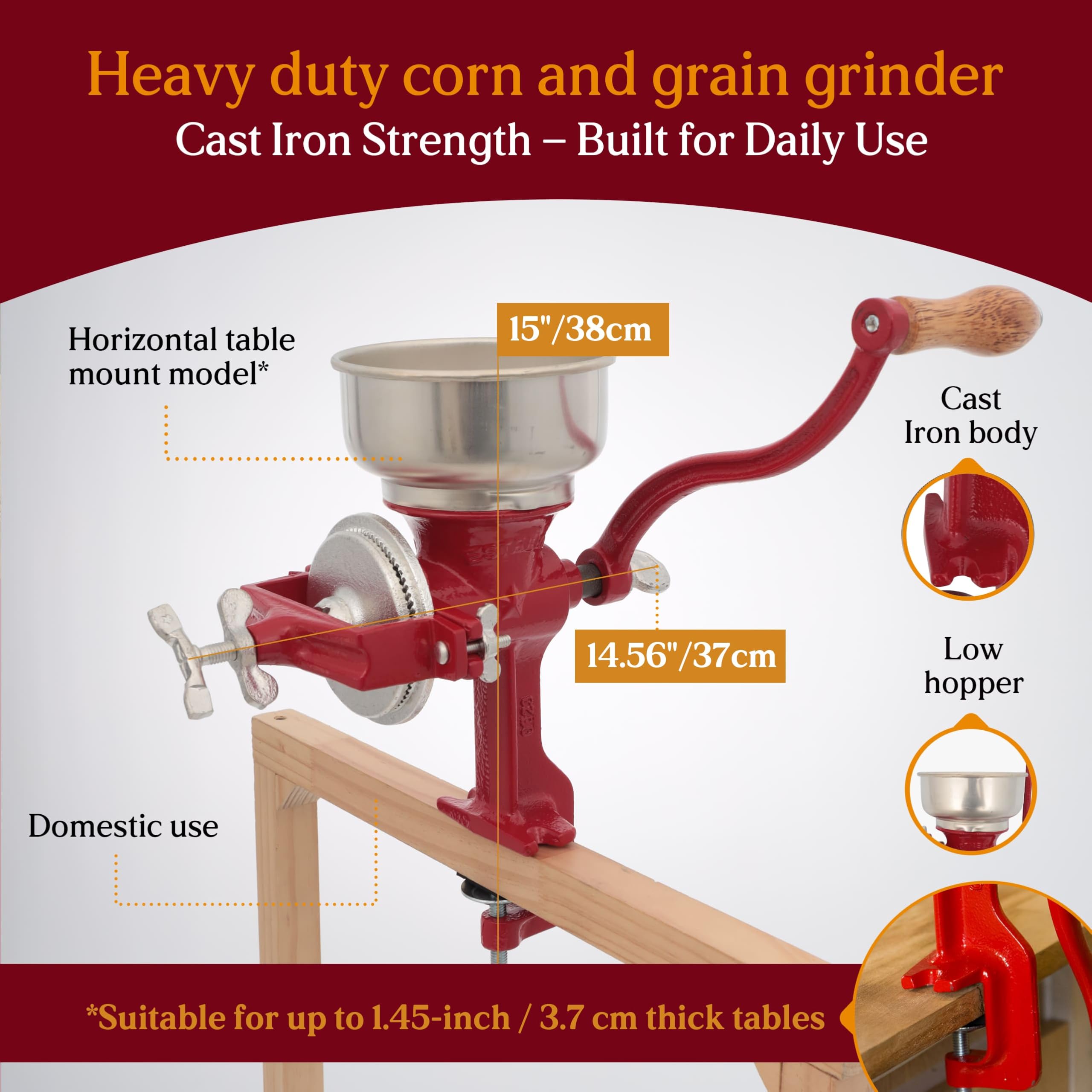 Universal Estrella grinder on countertop during tool-free setup for fresh grains