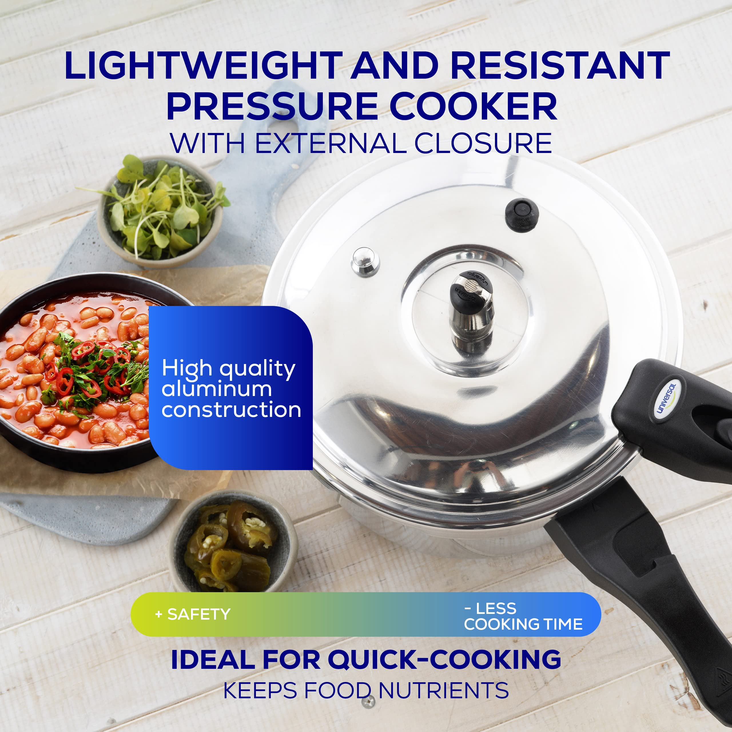 Universal pressure cooker sealing system highlights secure lid and pressure control.