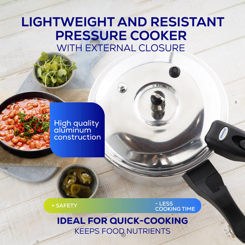Universal pressure cooker sealing system highlights secure lid and pressure control.