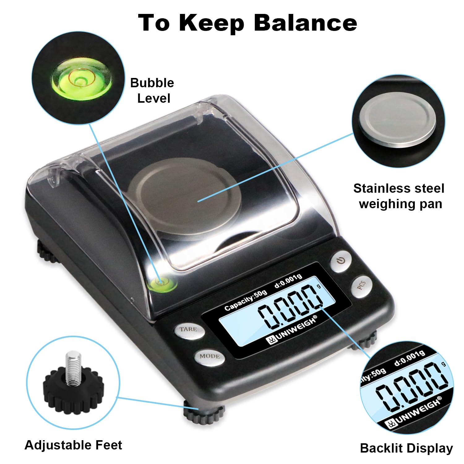 UNIWEIGH pocket scale tare function demonstrating easy net weight measurement