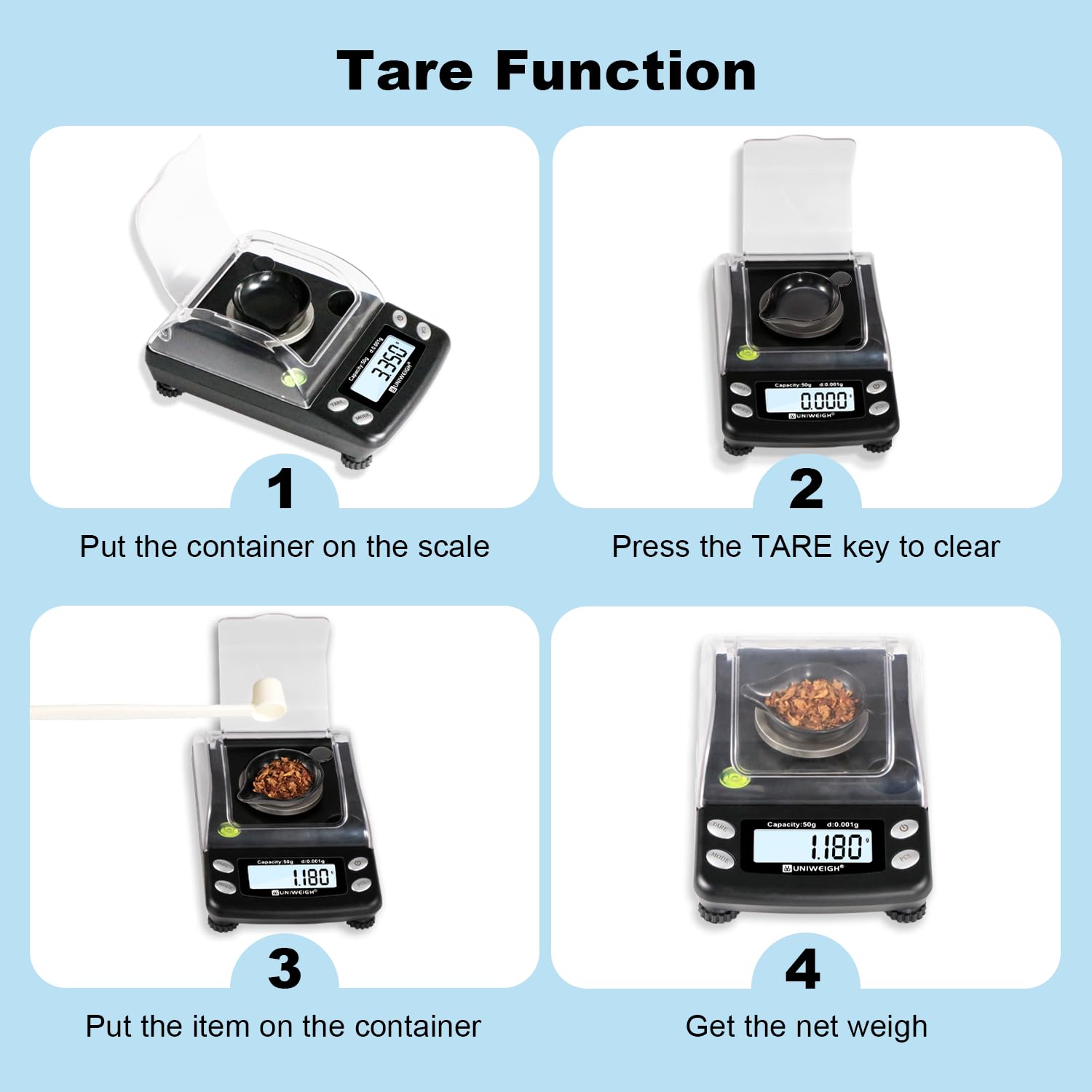 UNIWEIGH scale with windproof cover during delicate powder measurement