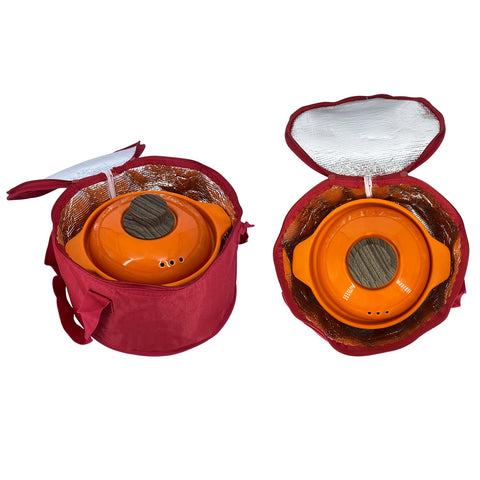 Unknown 2Pack red round insulated casserole bag side view for easy transport.