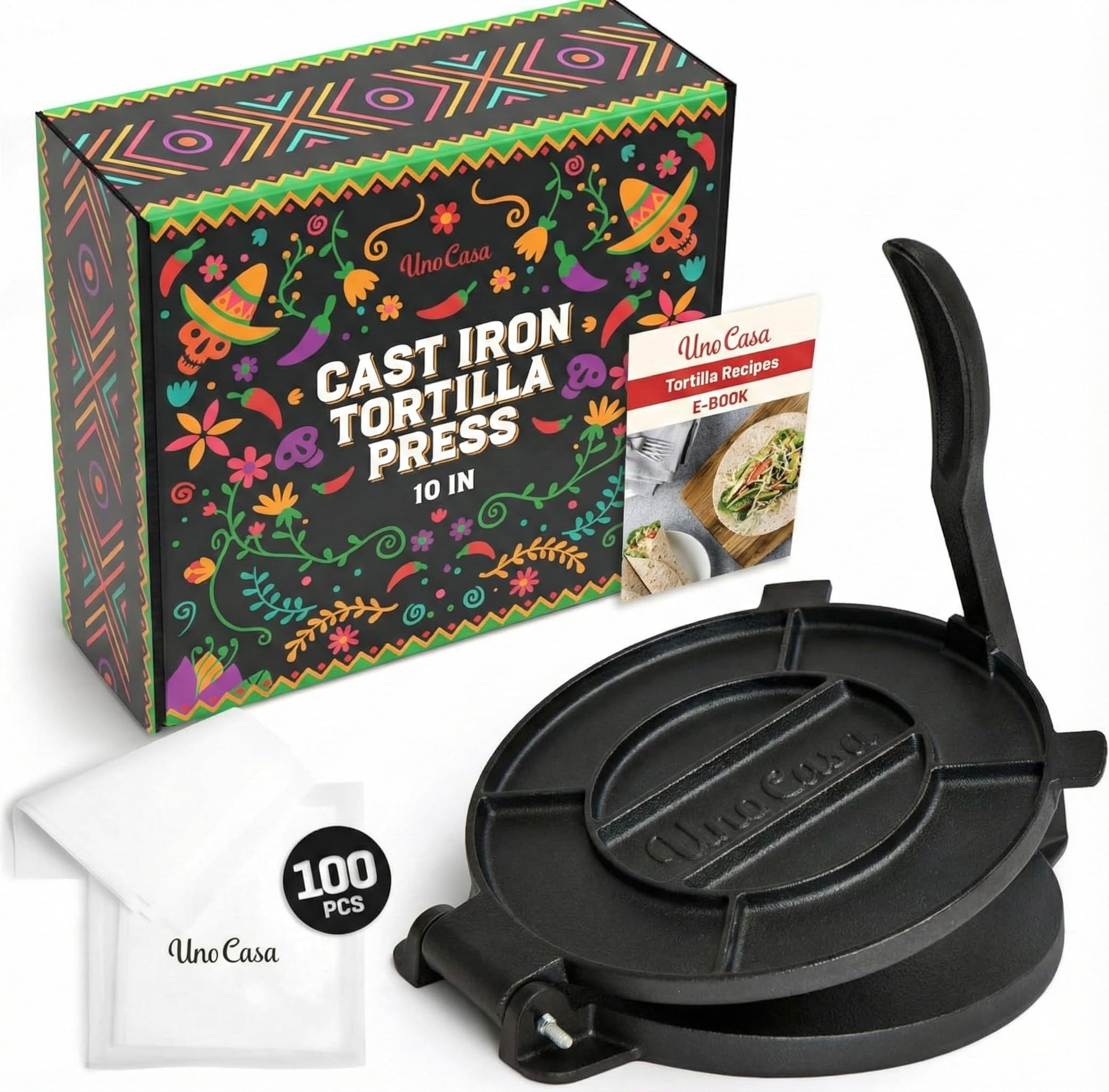 Uno Casa 10-inch tortilla press top-view showing even pressure for uniform circles.