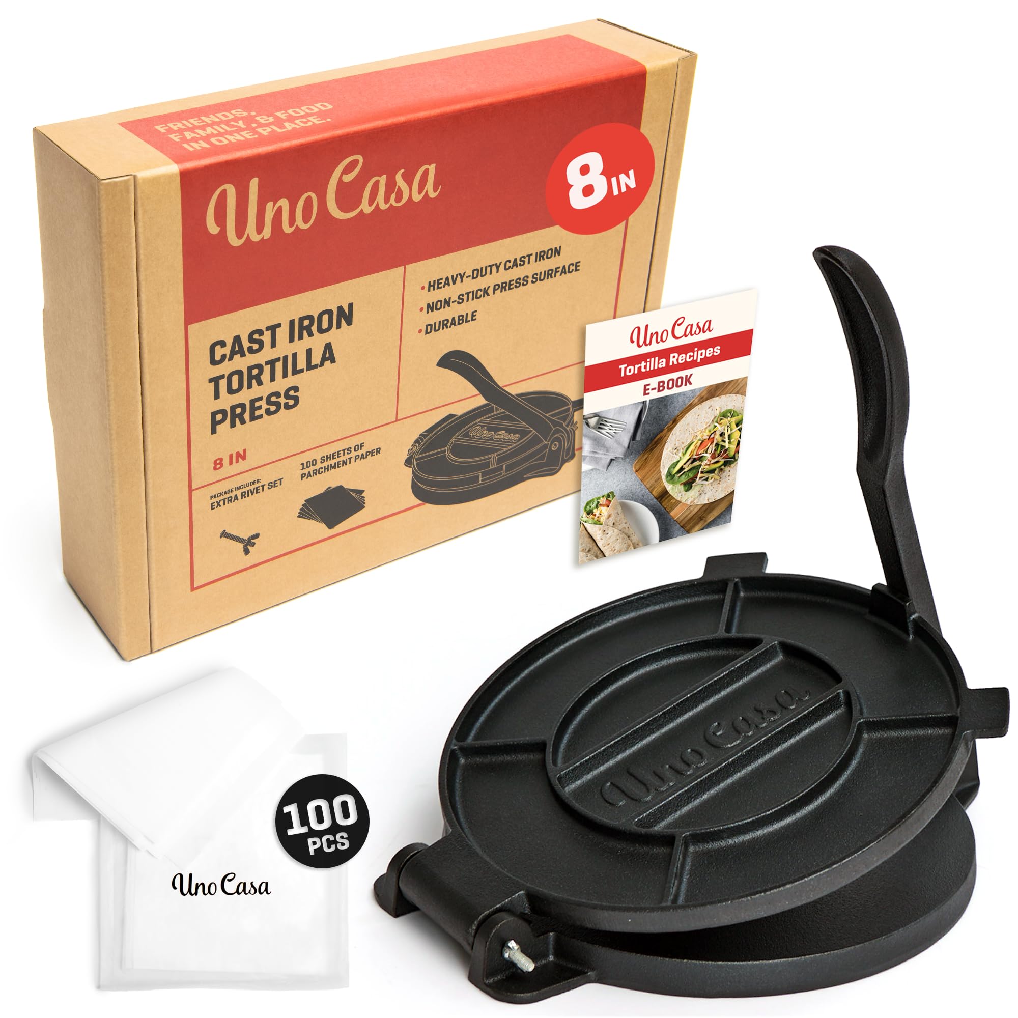 Uno Casa 8-inch tortilla press flattening dough evenly for tortillas