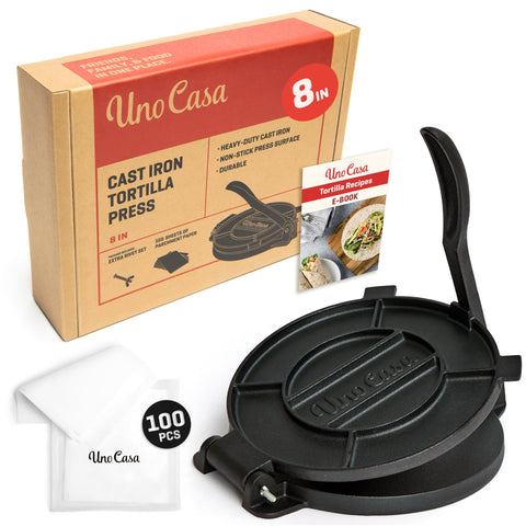 Uno Casa 8-inch tortilla press flattening dough evenly for tortillas