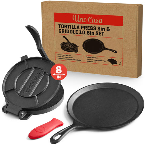 Uno Casa 8-inch cast iron tortilla press in action for fresh tortillas at home