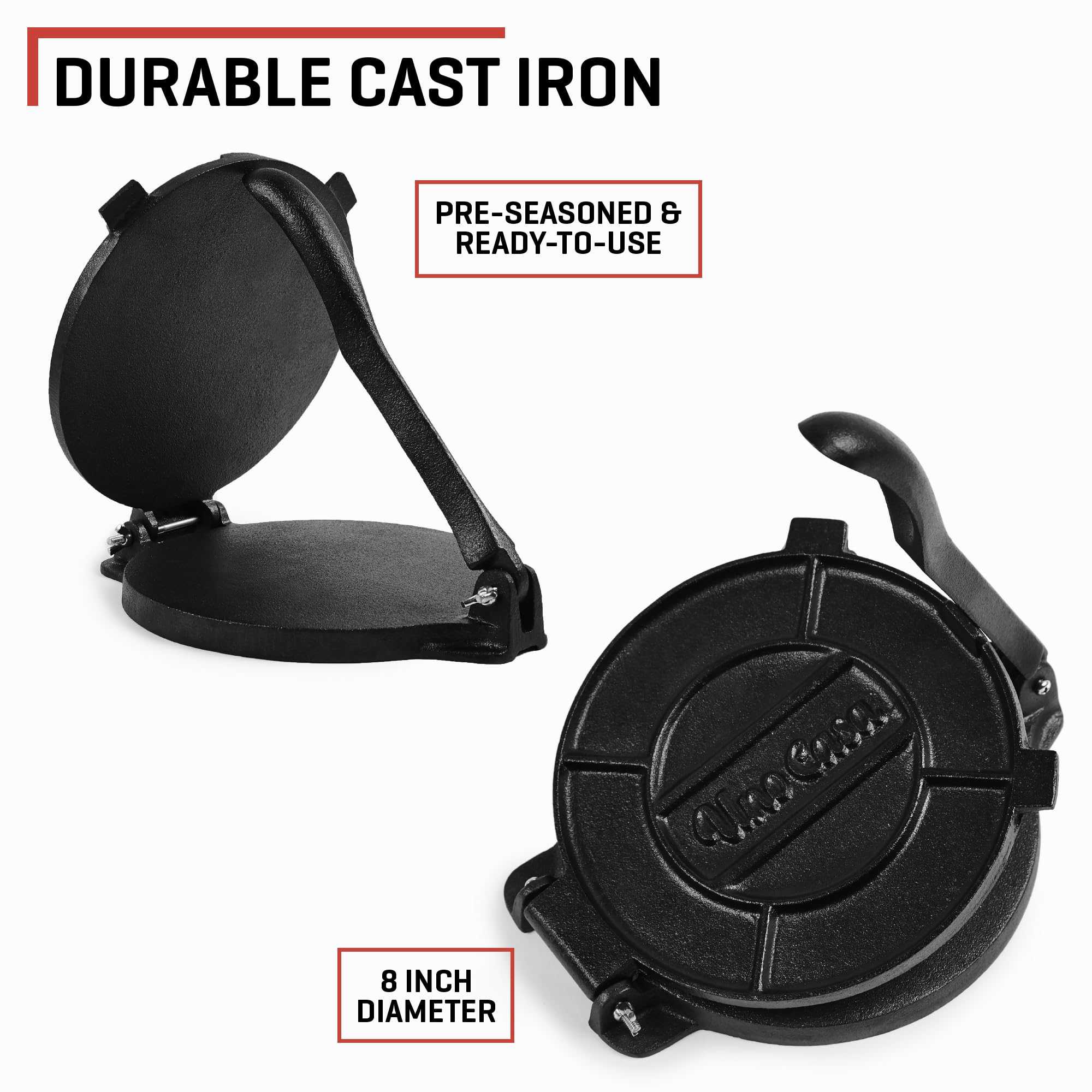 Uno Casa cast iron tortilla press with level surface for uniform shapes
