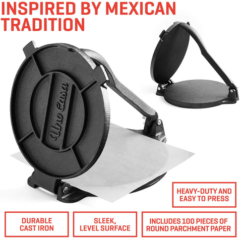 Uno Casa tortilla press with comal pan duo ready to press and sear multiple servings