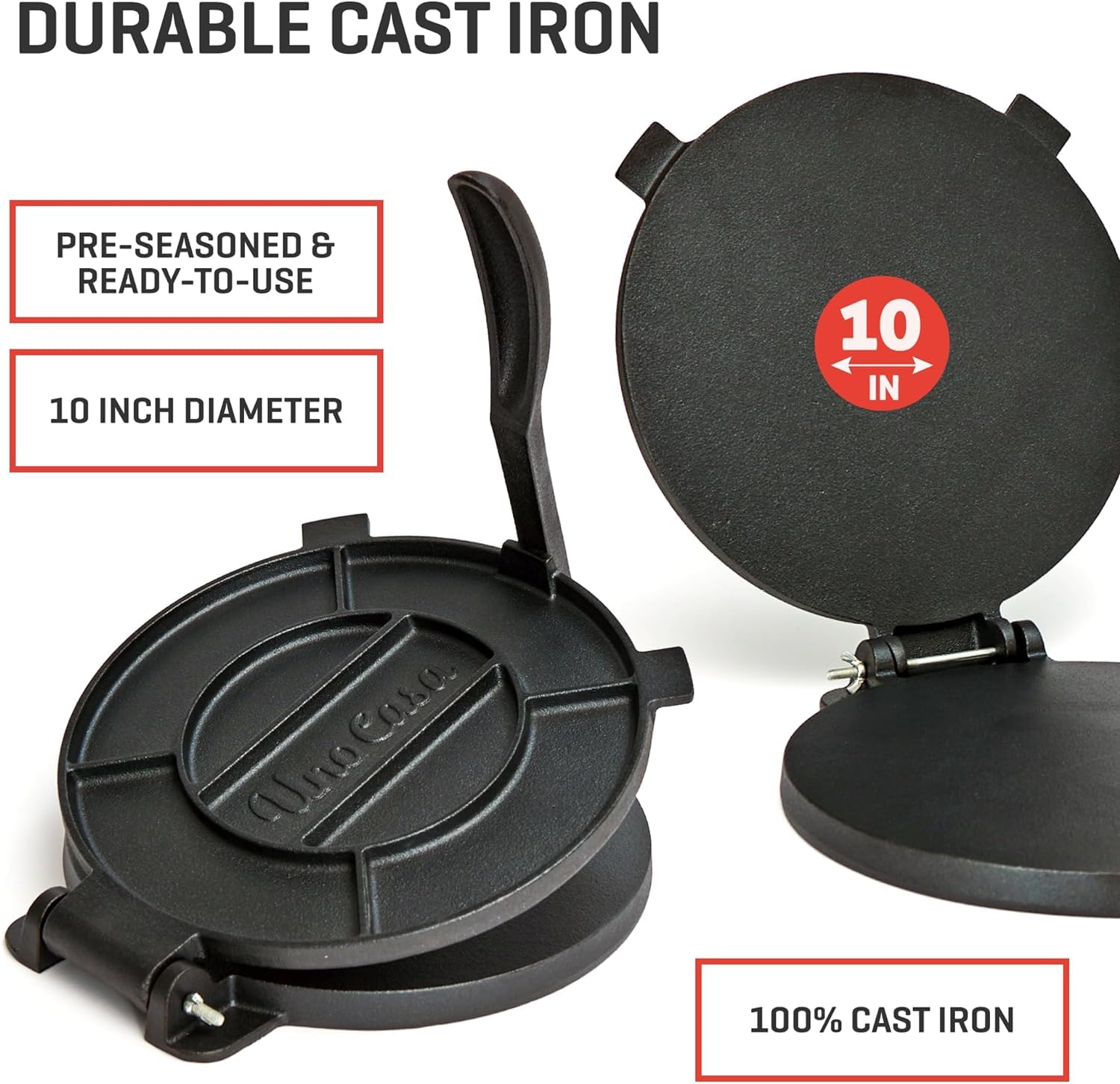 Uno Casa tortilla press dough-flattening in action for even tortillas.