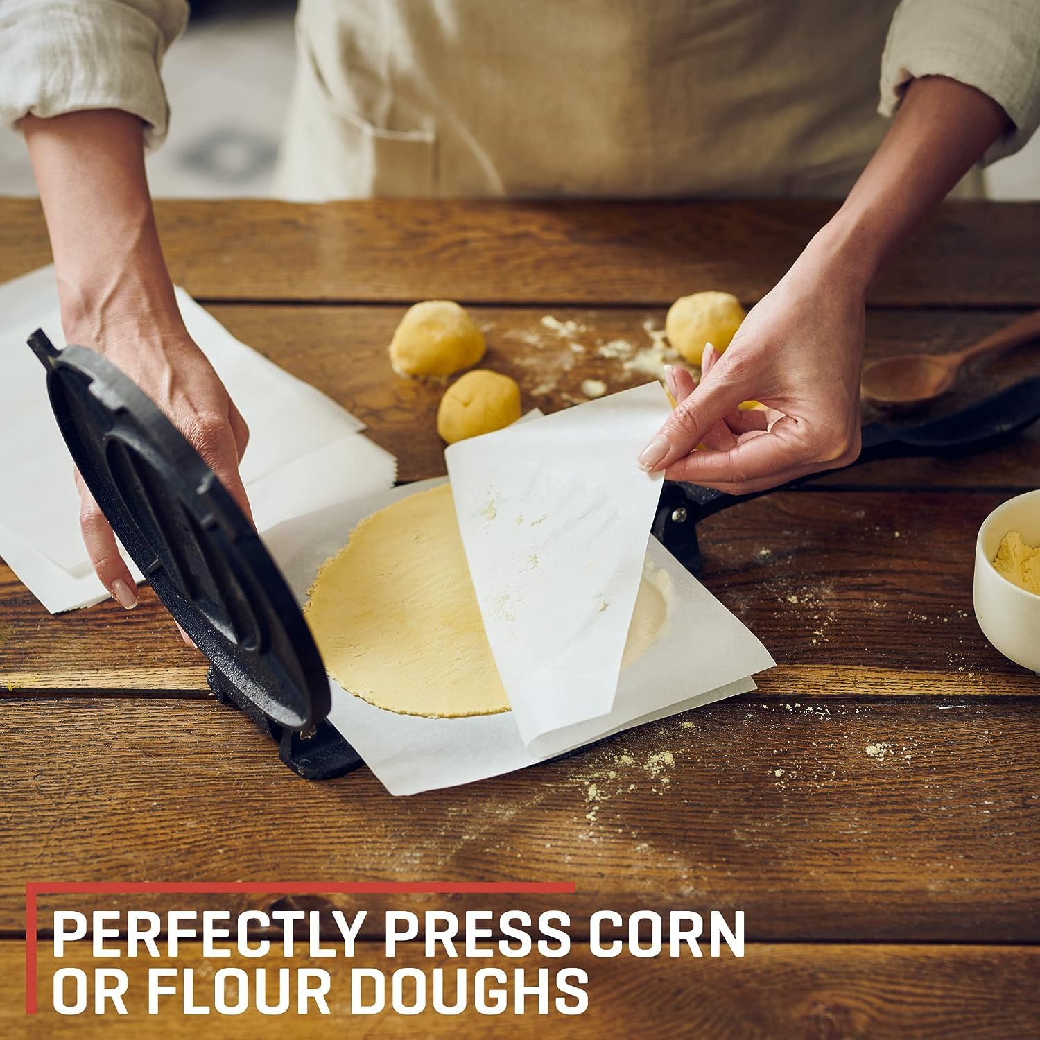 Uno Casa pre-seasoned tortilla press ready to use with durable surface.