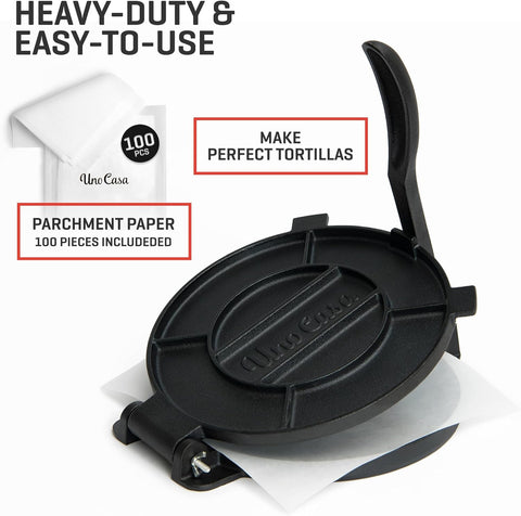 Uno Casa tortilla press with parchment paper pack keeps dough from sticking.