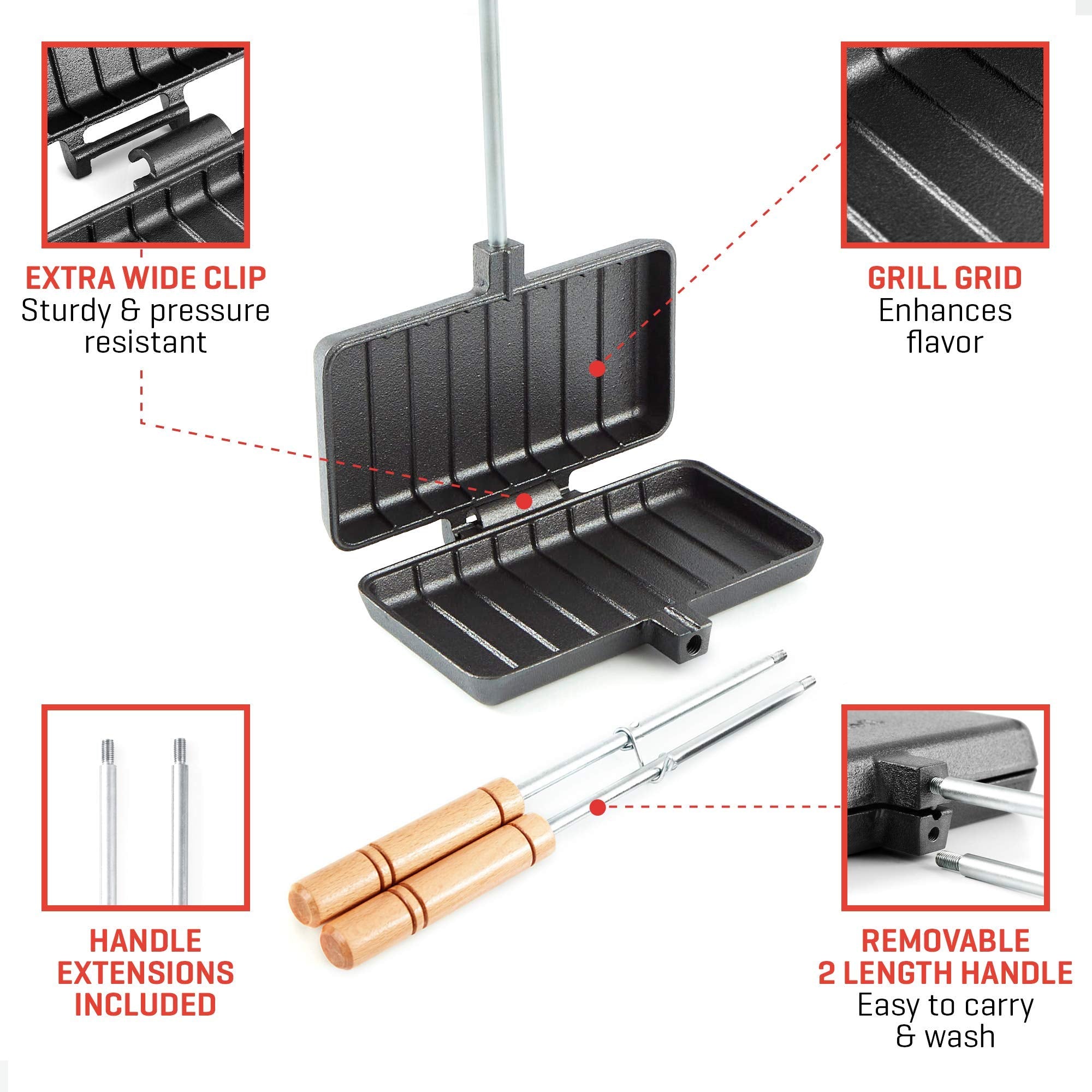 Removable handles of Uno Casa XL Pie Iron simplify transport and setup