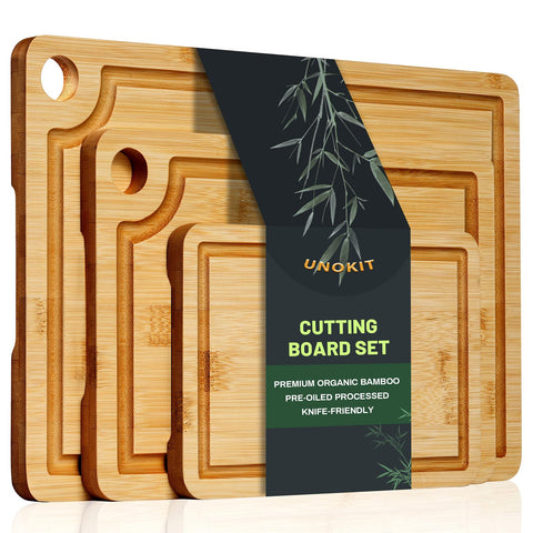 Unokit large bamboo cutting board with juice groove for easy prep.