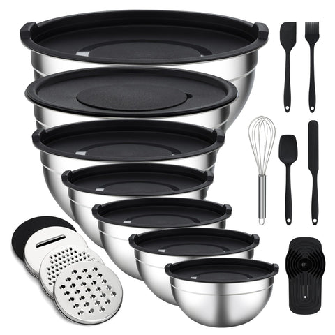 Unokit 7-piece mixing bowls with lids ready for quick meal prep.