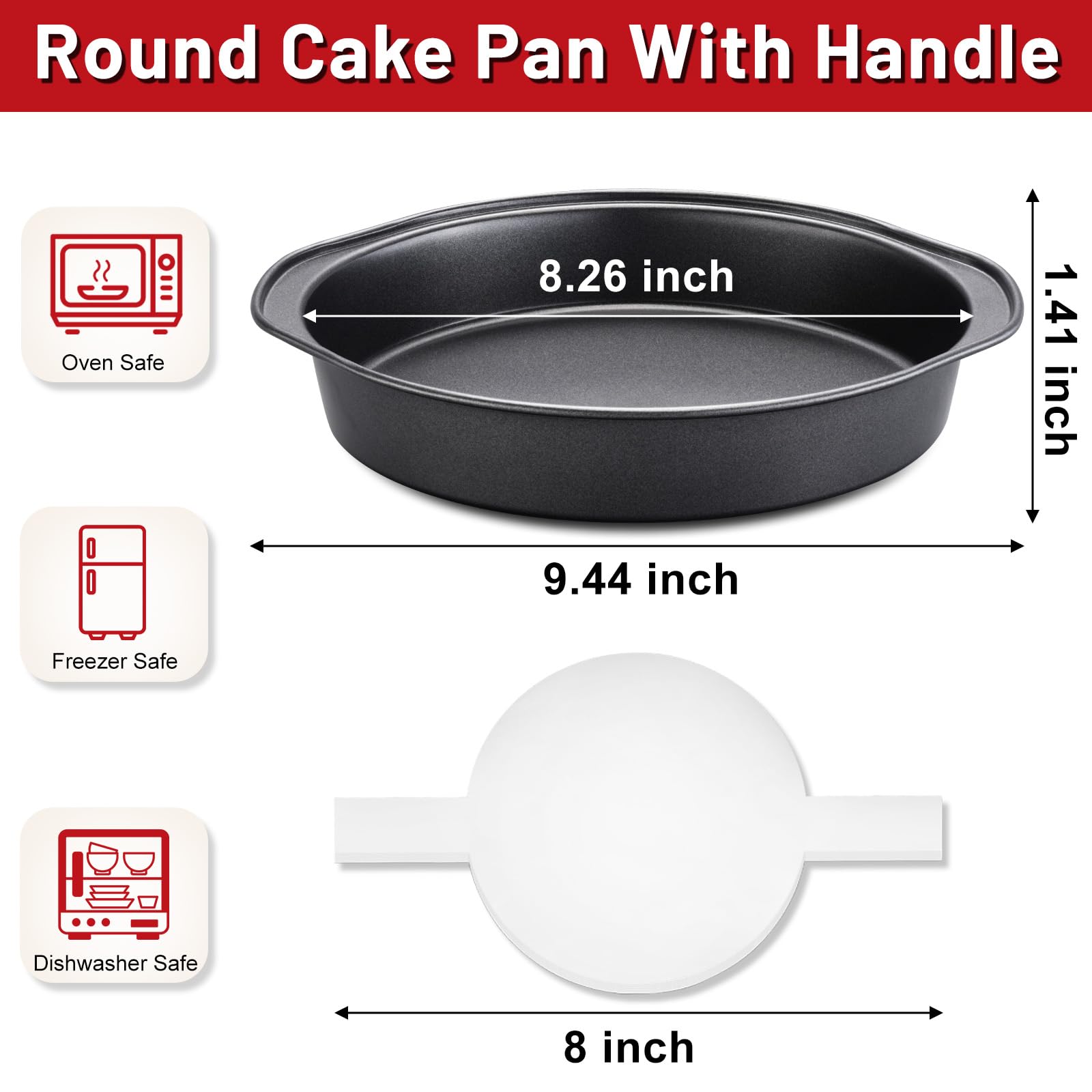 Unokit round cake pan handle detail demonstrates safe grip during removal from the oven