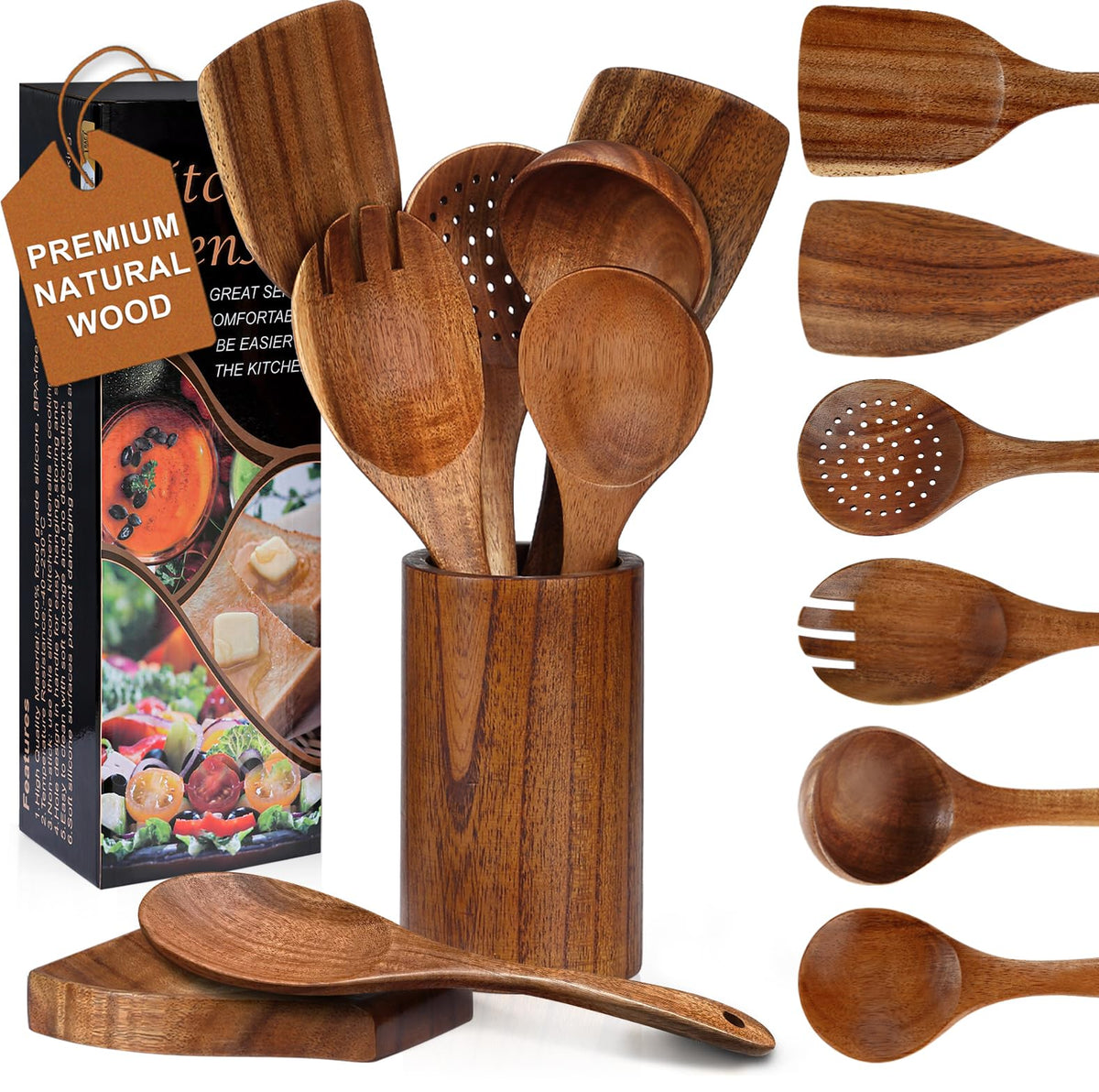 Unokit teak wooden utensils set full collection for versatile kitchen tasks.