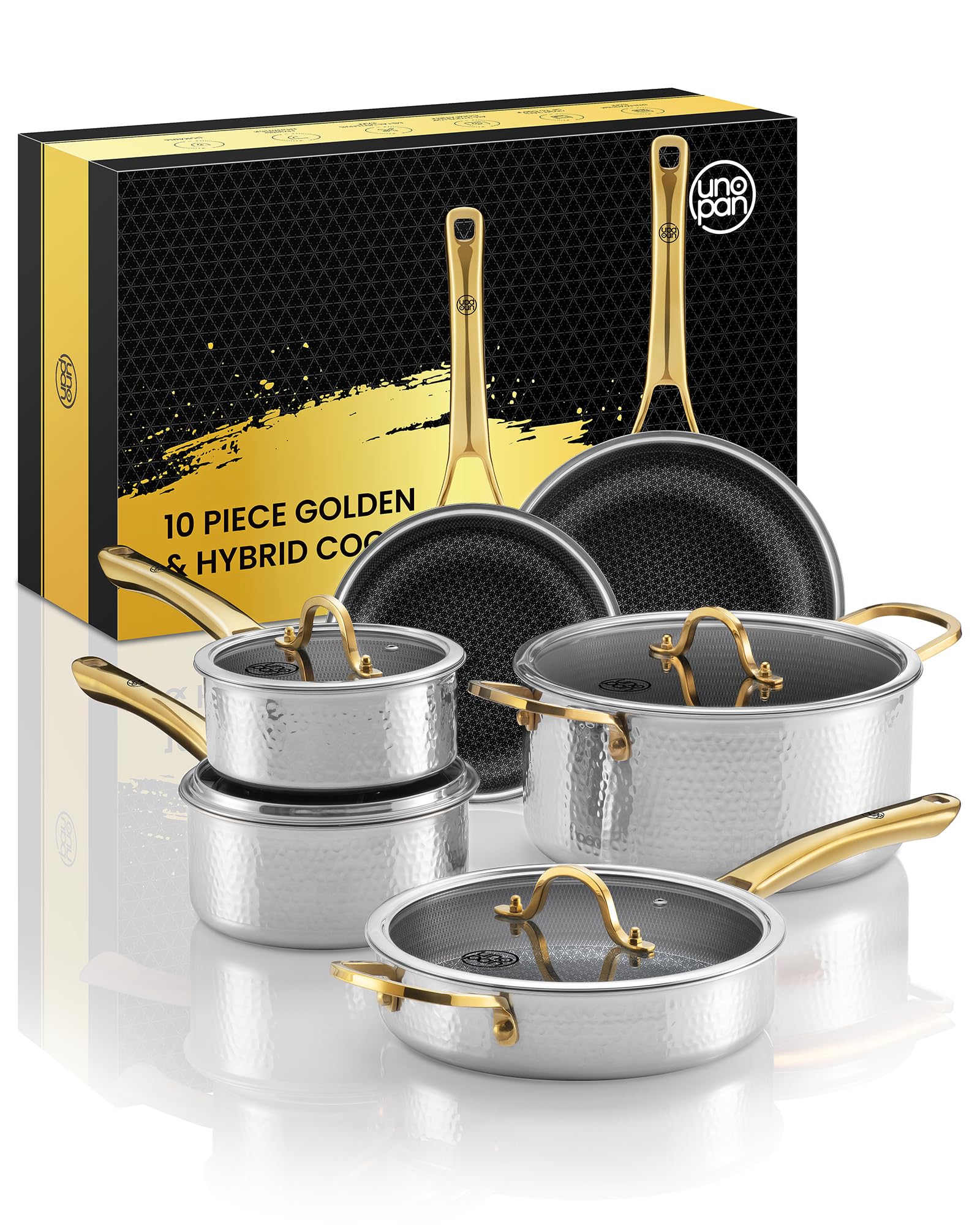 UNOPAN Gold pots and pans set with hammered finish for even heat distribution