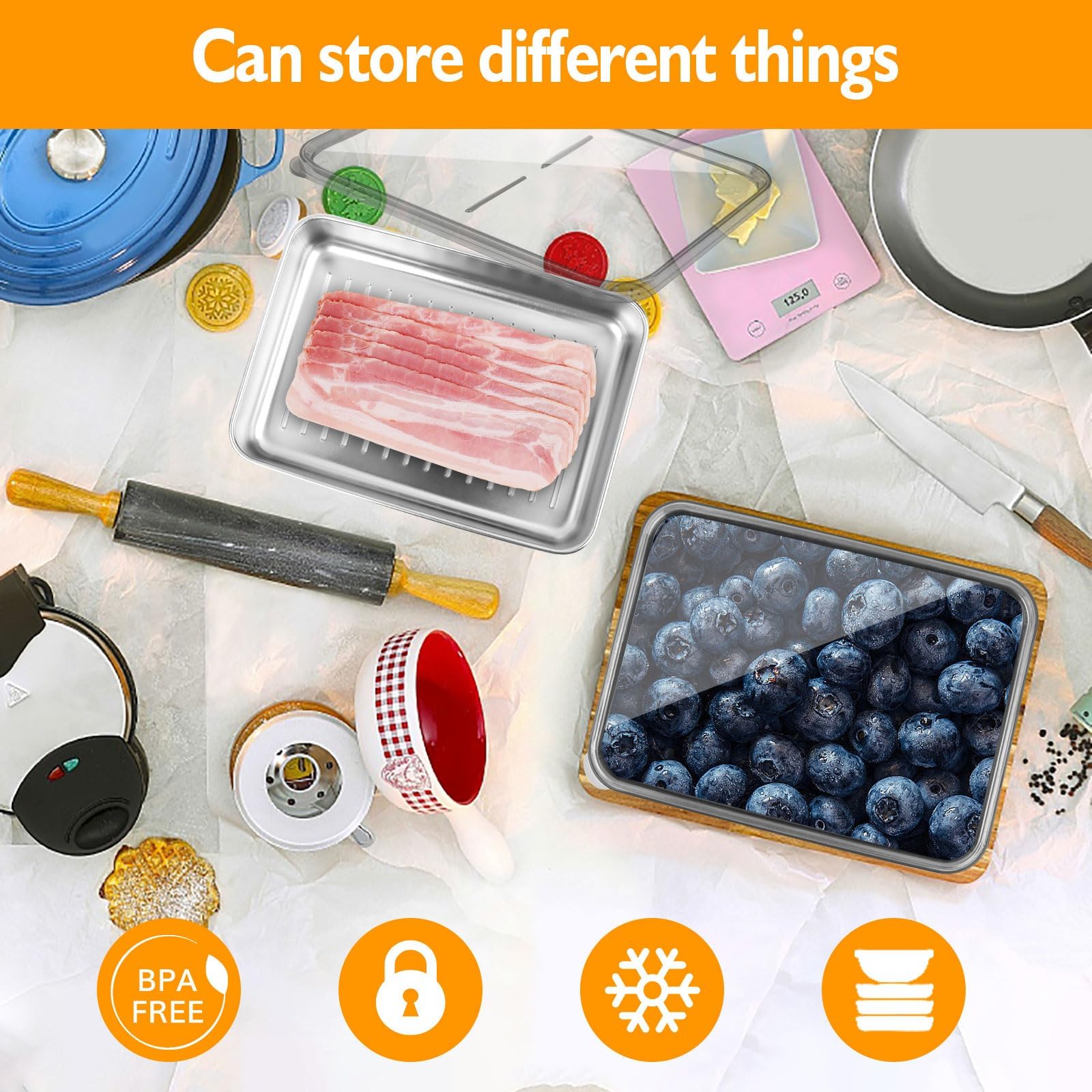 Rust-resistant stainless steel body supports durable fridge storage for bacon and deli meats.