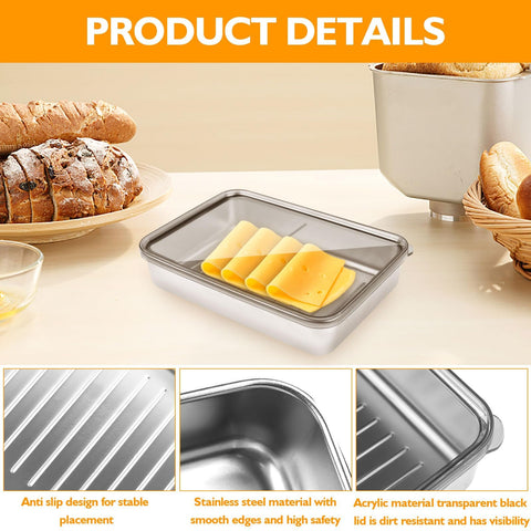 Stainless steel meat storage box shown with clear lid for quick viewing.