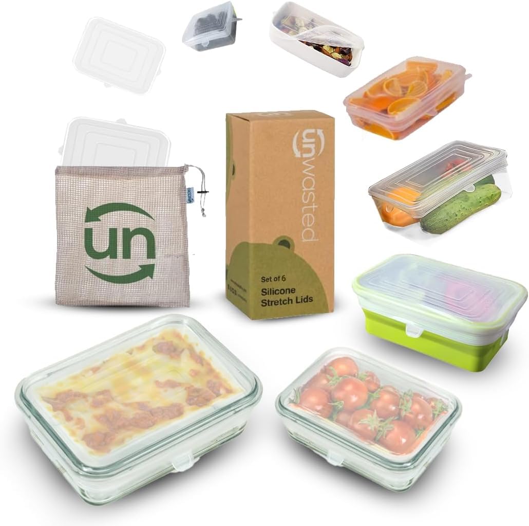 Unwasted silicone lids for rectangles seal freshness and prevent spills.