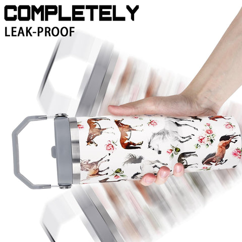 Spill-proof flip-top lid on Unyopsa horse tumbler for easy sipping