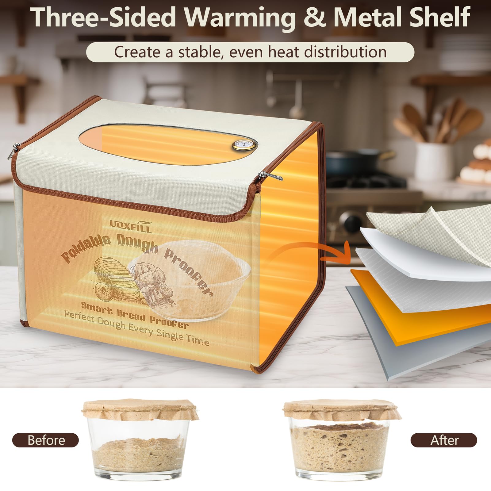 Uoxfill folding bread proofing box interior space for multiple dough batches