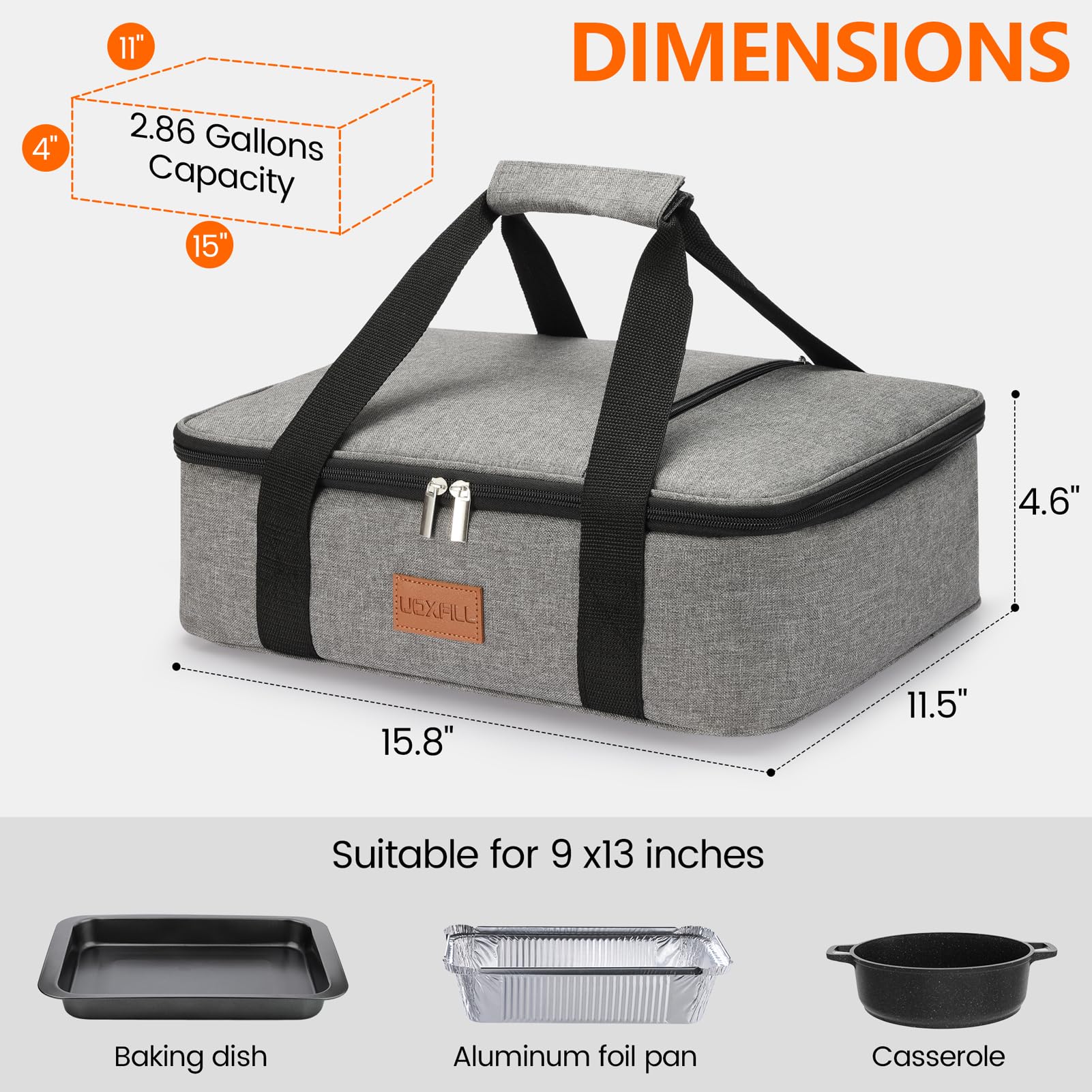 Uoxfill casserole carrier fits a 9x13 pan securely with lid.
