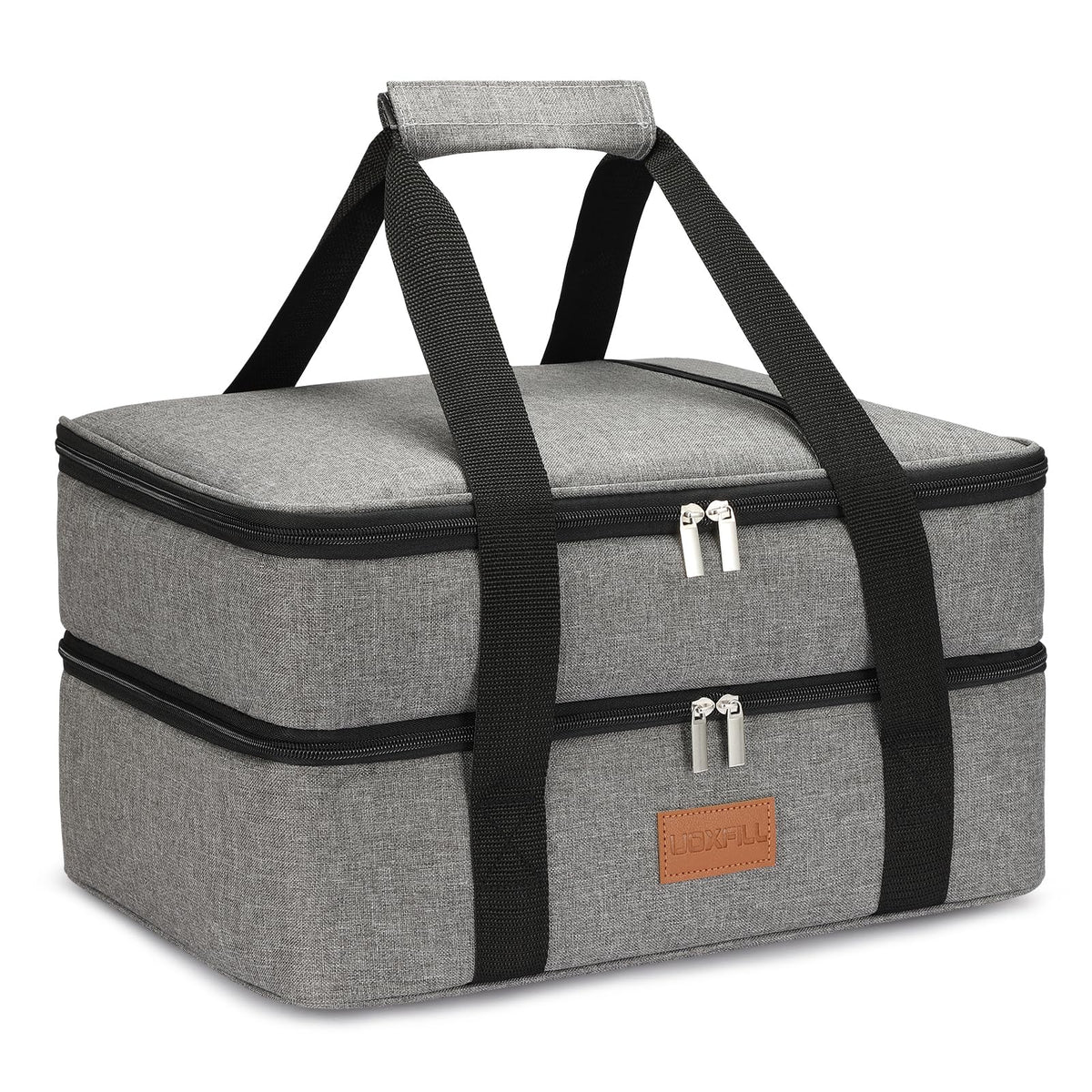Uoxfill insulated lunch bag capacity shows two 9x13 pans ready for transport